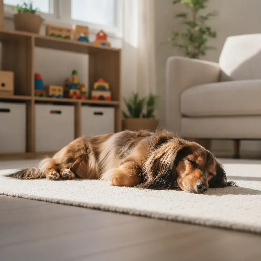 Teckel à poil long allongé calmement sur un tapis dans un salon familial