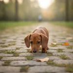 Chiot teckel curieux découvrant un environnement extérieur
