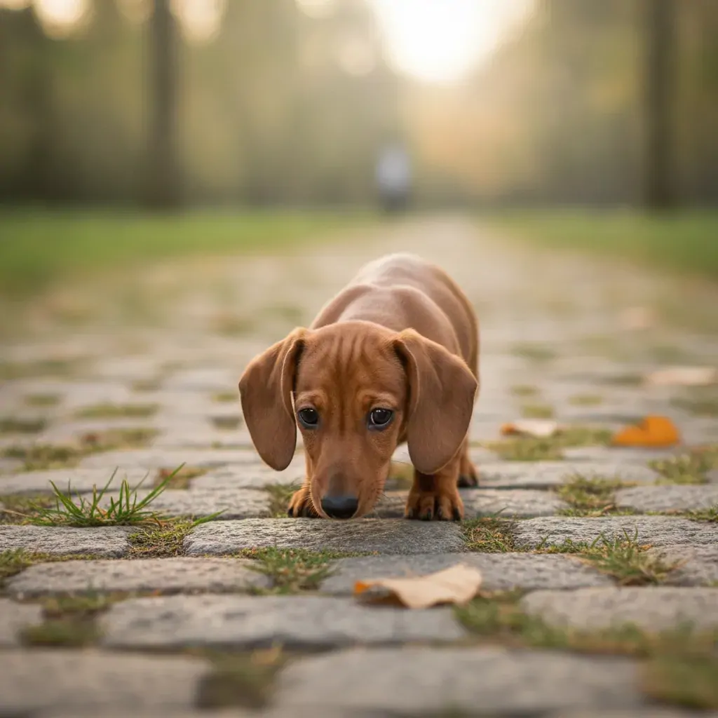 Chiot teckel curieux découvrant un environnement extérieur