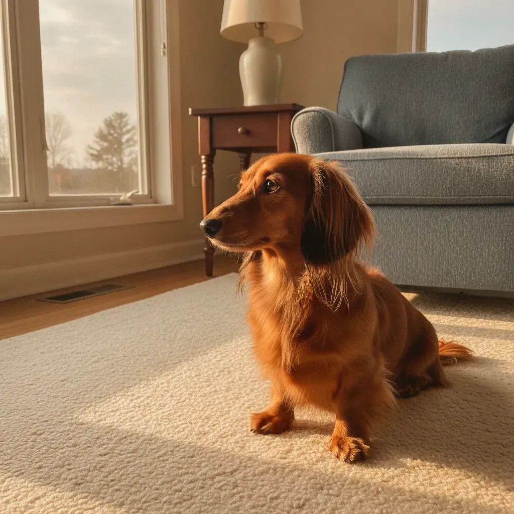 Teckel adulte à poil long au regard attentif dans un intérieur calme